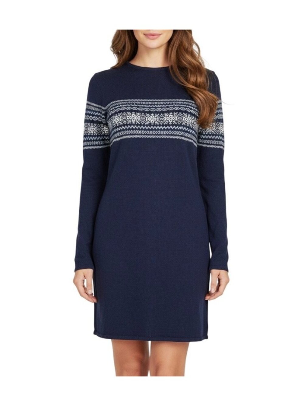 VTG Esprit De Corp Navy Blue White Fair Isle Knit Winter Sweater Dress L Y2K 90S